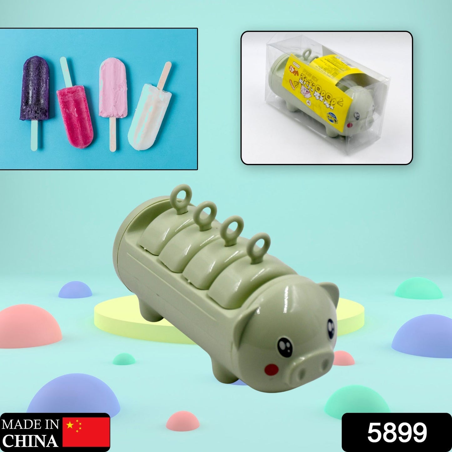 Plastic kulfi maker mold set with pig shape design and four cups.