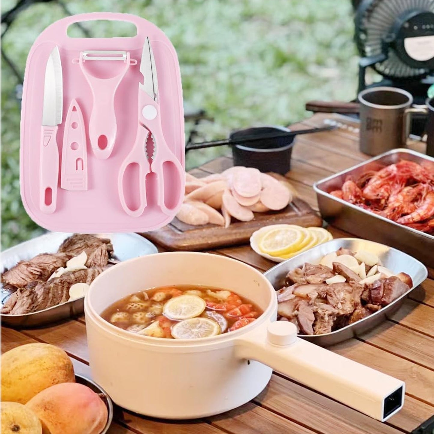 Mini travel cutting board set, 4 pcs, includes knives, peeler, and scissors