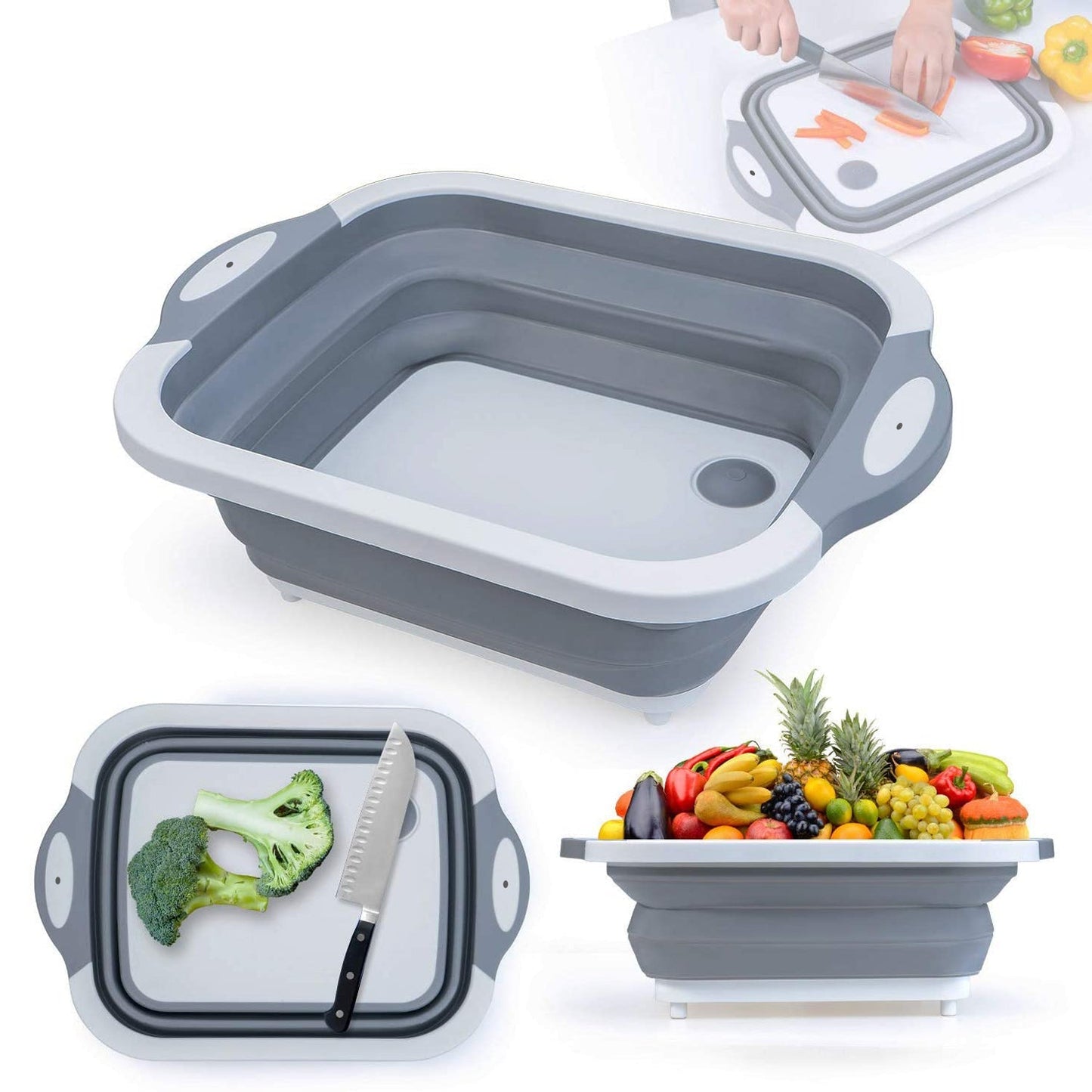 Kitchen cutting board with collapsible dish tub