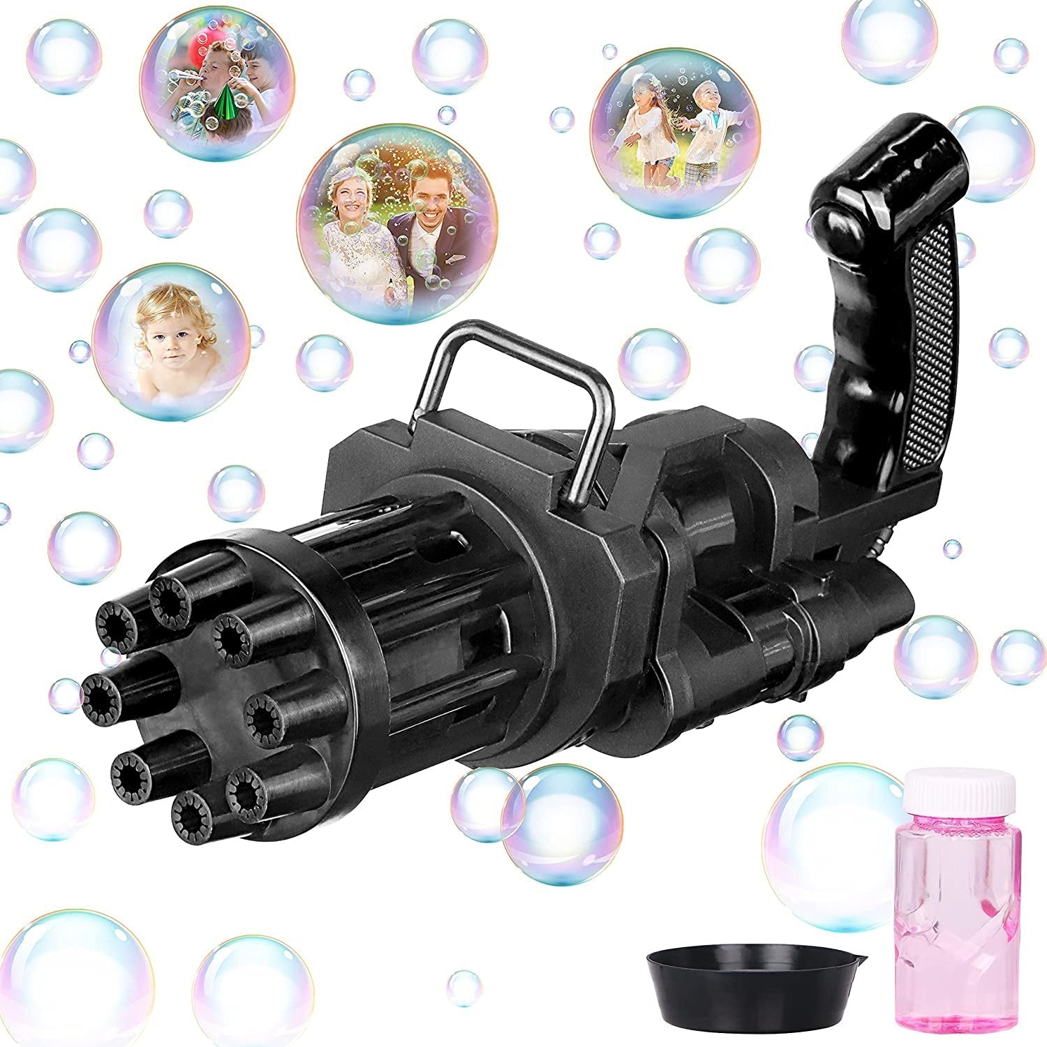 Bubbles gun toy with eight openings and a bright design