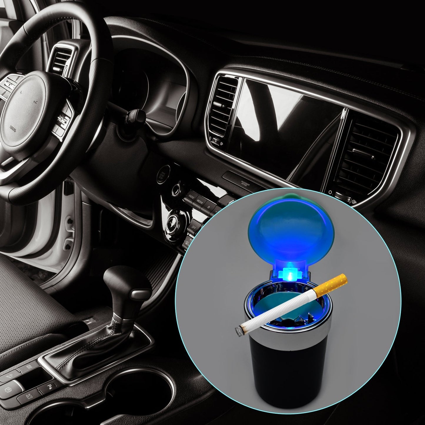 Blue LED car ashtray with smokeless function and smoke diffuser