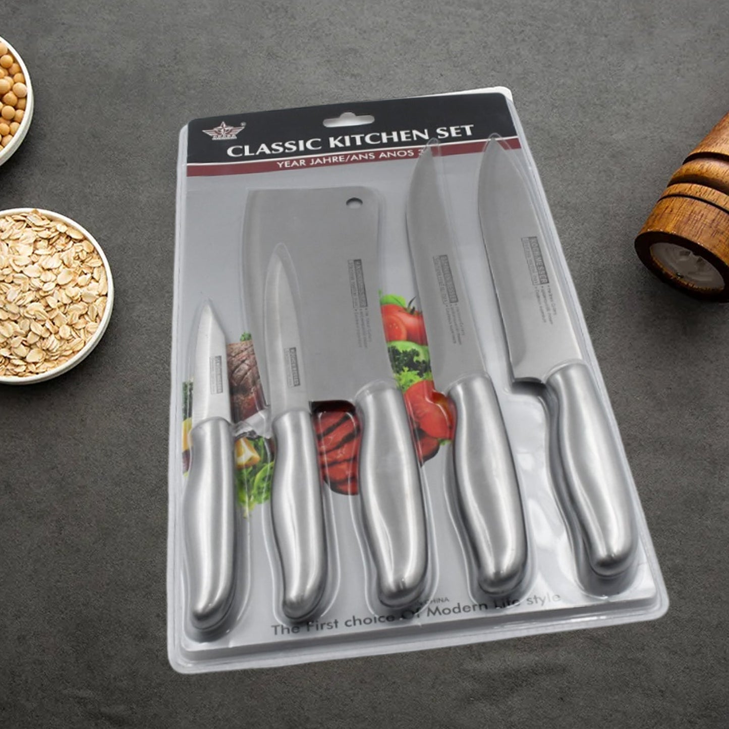 Essential 5-piece kitchen knives set with stainless steel blades.