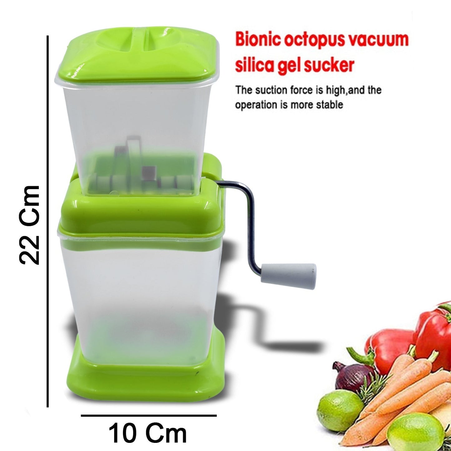 Vegetable chopper with rotating blade for quick cutting of onions.