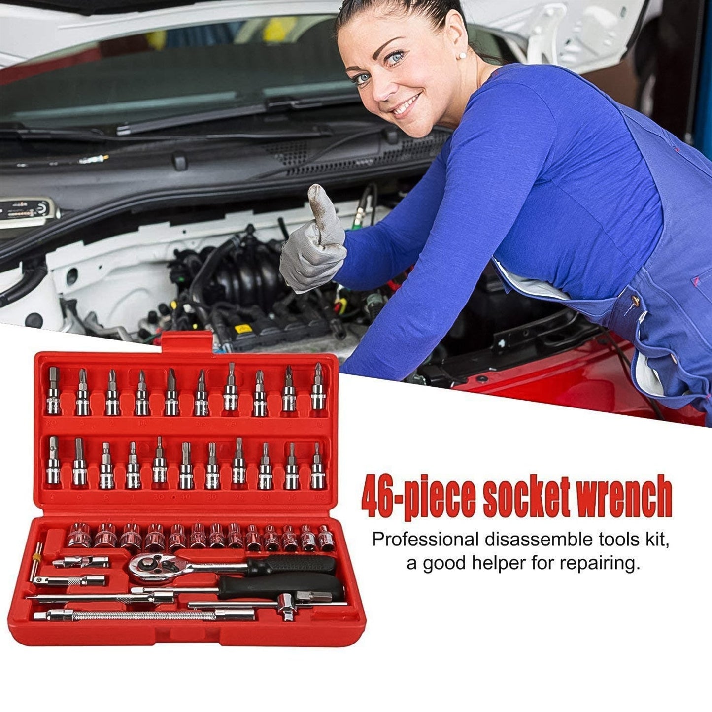 Socket 1 / 4 Inch Combination Repair Tool Kit (Red, 46 pcs)