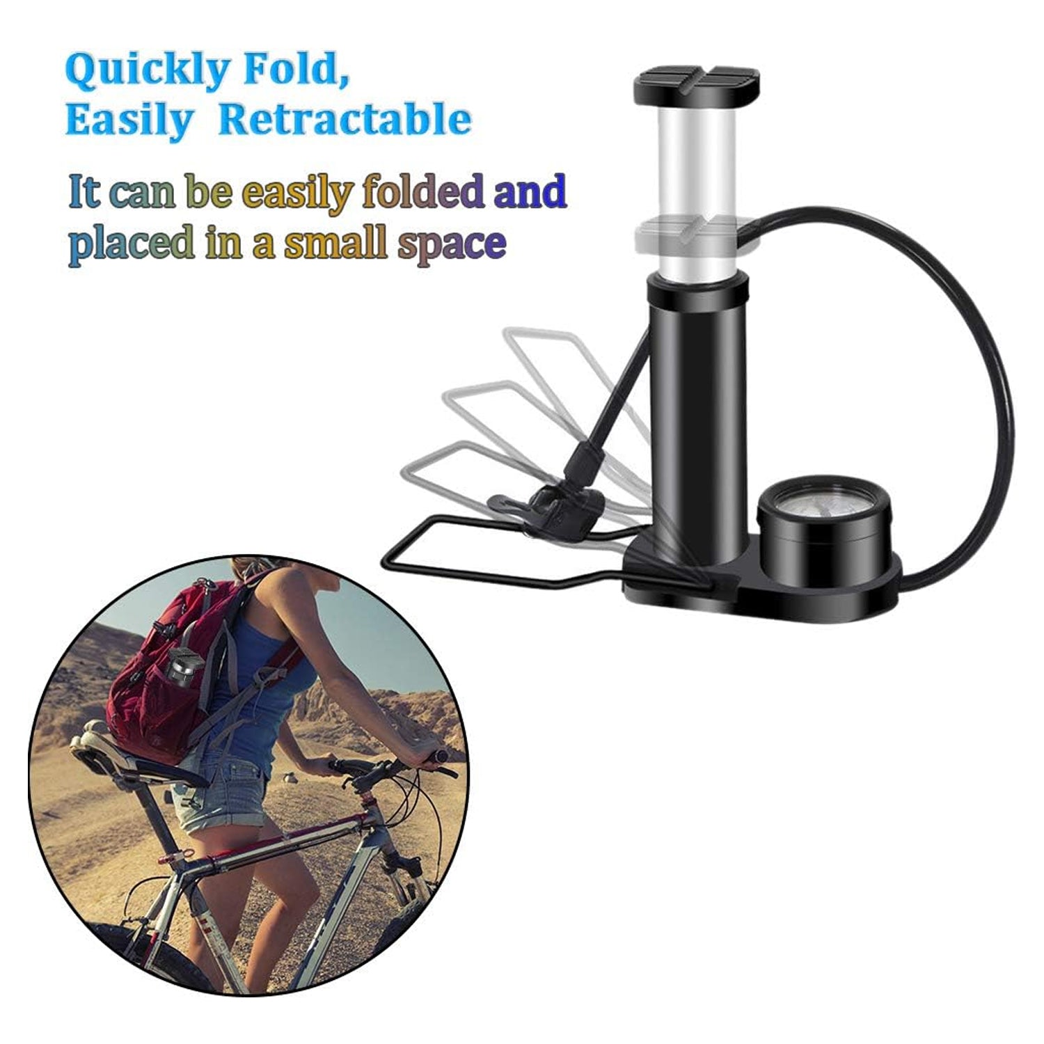 Portable foot air pump, high-pressure, with pressure gauge, for bikes and sports.