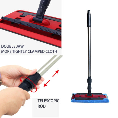 Flat microfiber mop with rotating head for efficient floor cleaning.