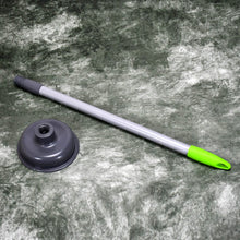 Toilet plunger with a red rubber cup, angled view