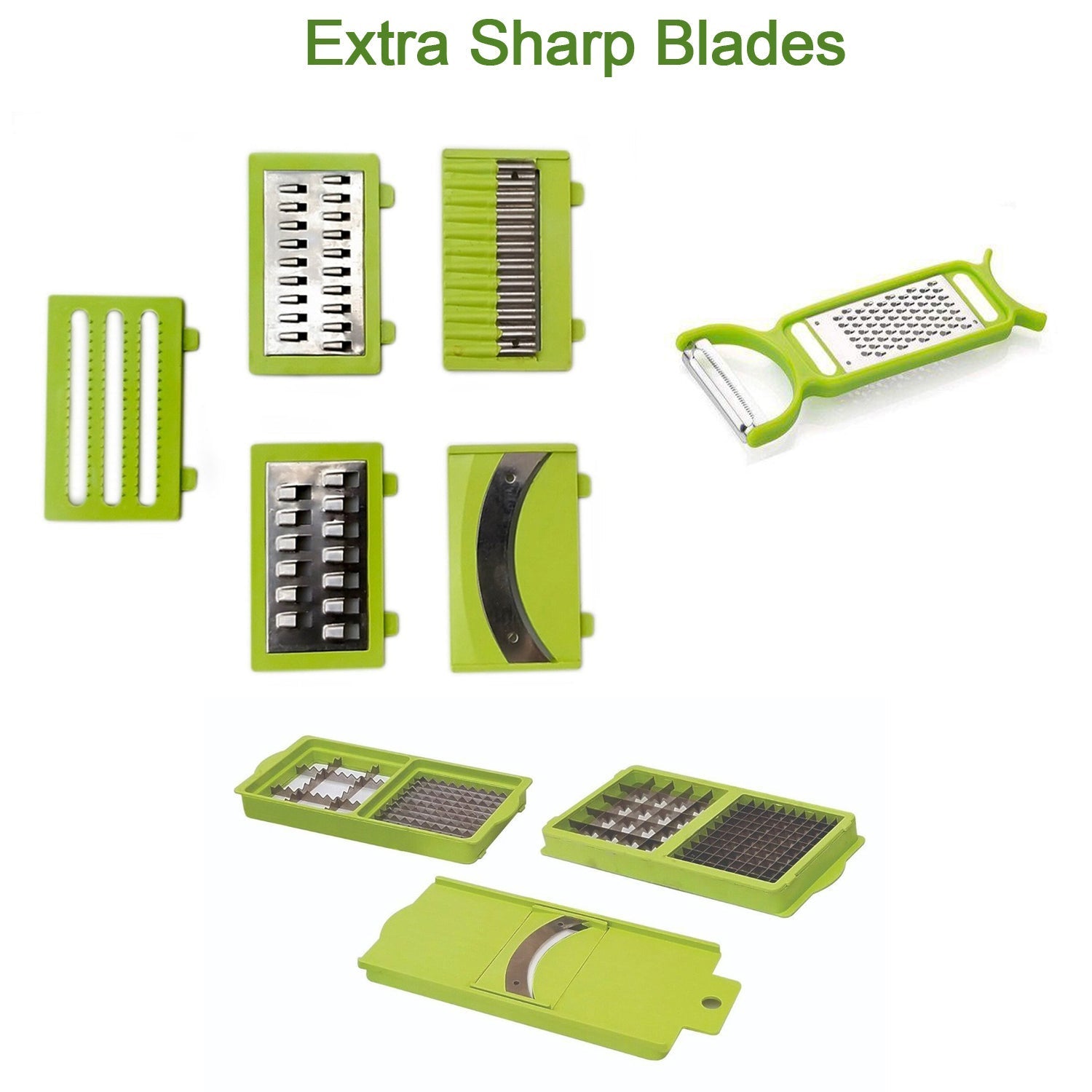 Versatile plastic grater and slicer, includes multiple attachments