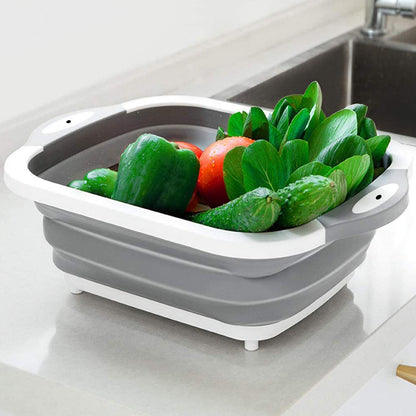 Dish tub basket with collapsible cutting board