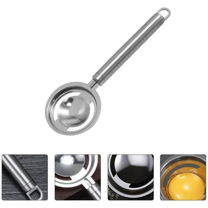 Egg separator tool, stainless steel, for separating yolks and whites.