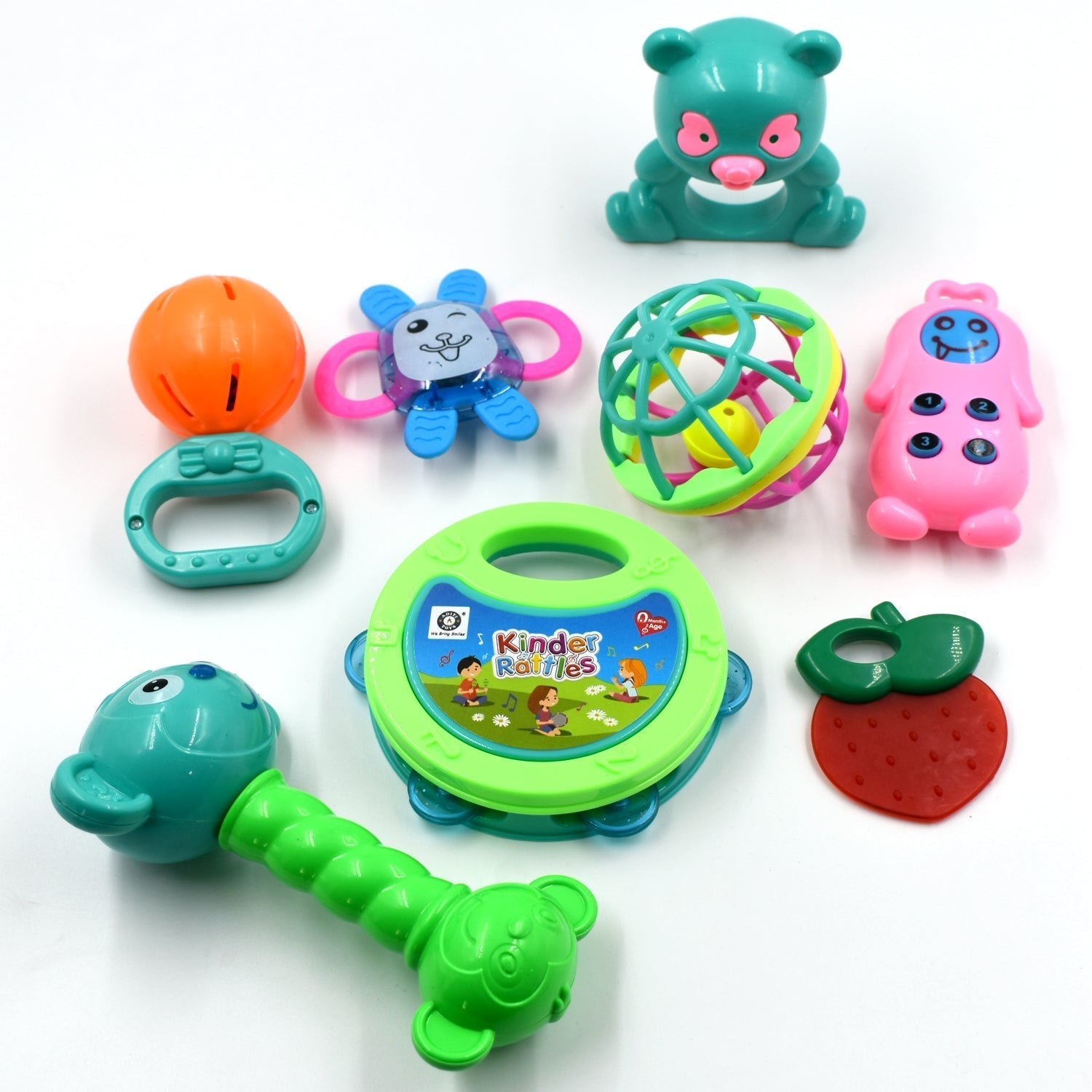 Textured baby rattle with bright colors designed to engage and entertain toddlers.