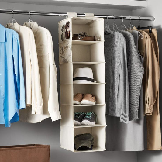 6-shelf hanging closet organizer for clothing.