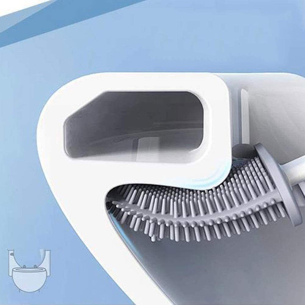 Modern toilet brush with silicone bristles and stand.