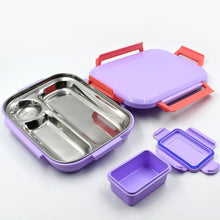 Small lunch box, pink and blue plastic, with steel plate, kids school.