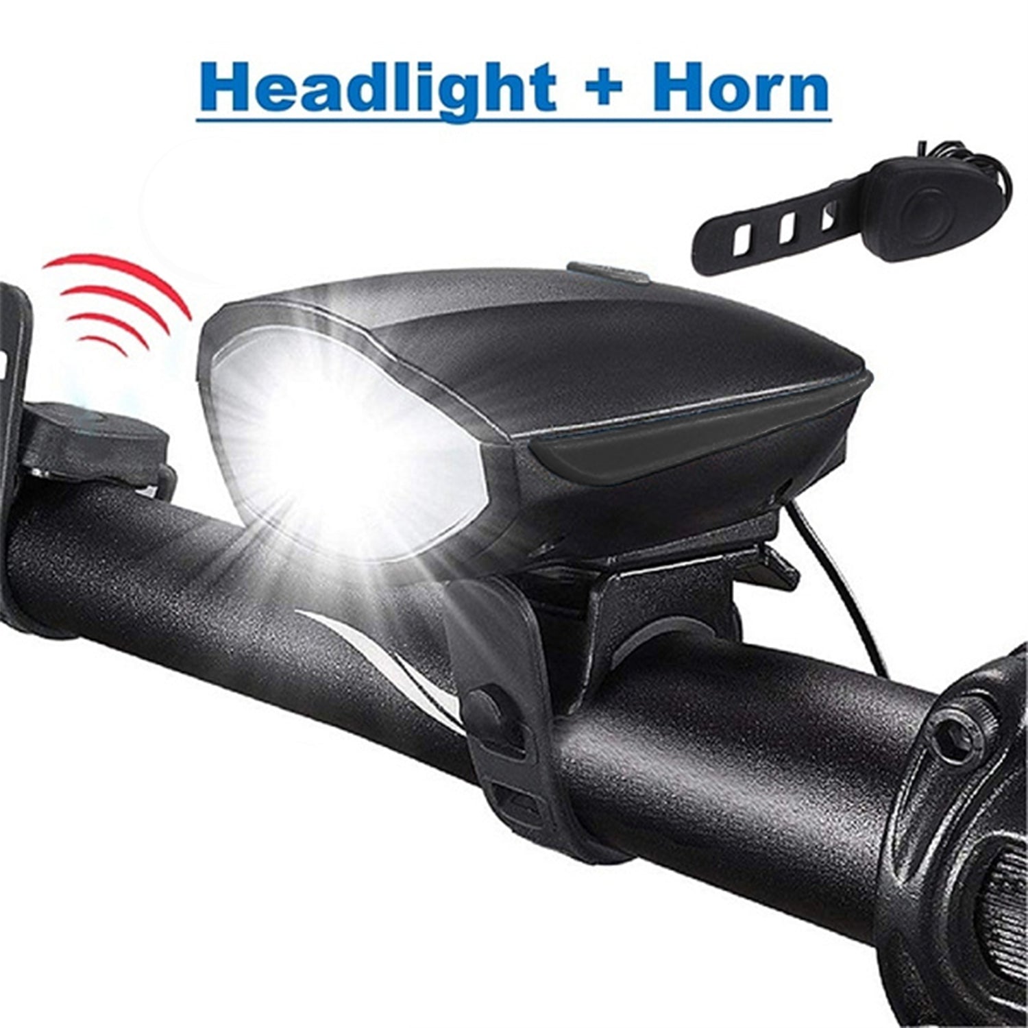 Horn with LED light on bicycle handle.