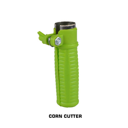 Plastic corn cutter with stainless steel blades for quick and easy corn stripping.