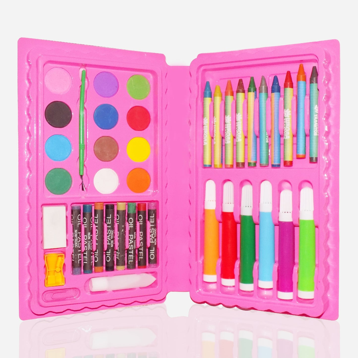 42-piece art kit including crayons, watercolor, and sketch pens.