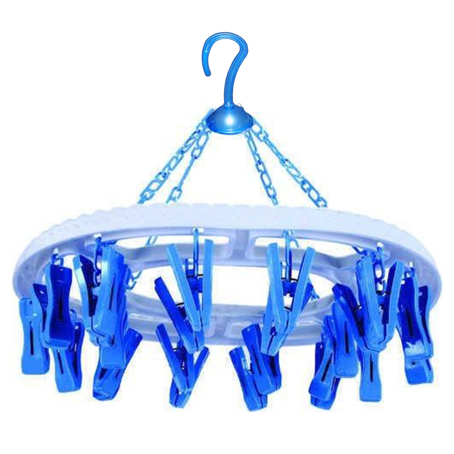 Space-saving round cloth hanger with 18 clips in multicolour.