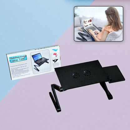 Vented laptop desk with cooling fans, adjustable and foldable for portable use.