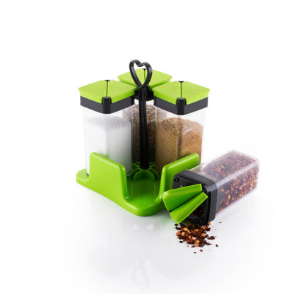 Set of 4 plastic spice jars with a rack for organized storage.