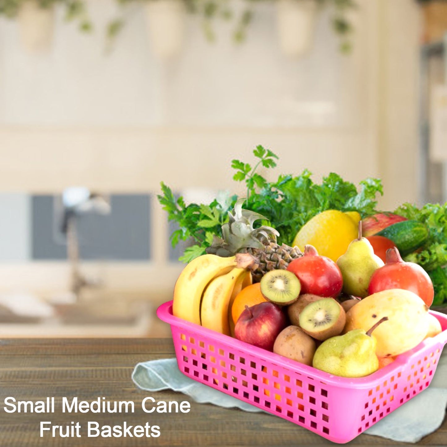 Medium size plastic fruit basket, front view