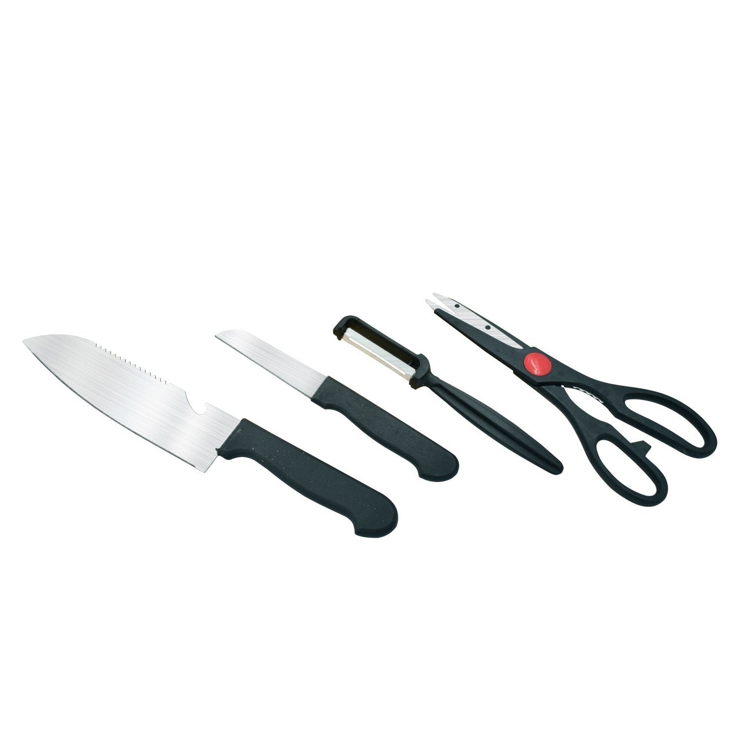 Four-piece kitchen tool set with stainless steel butcher knife, knife, peeler, and scissors