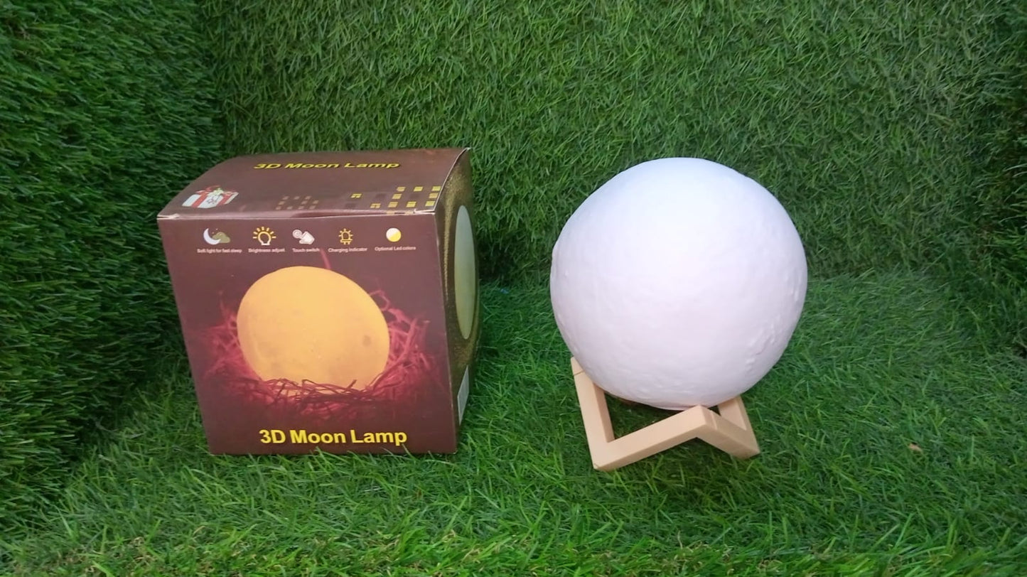 Moon lamp with stand and USB charging, ideal for bedroom lighting.