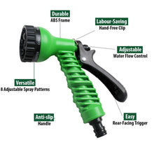 Plastic hose nozzle with multiple spray settings.