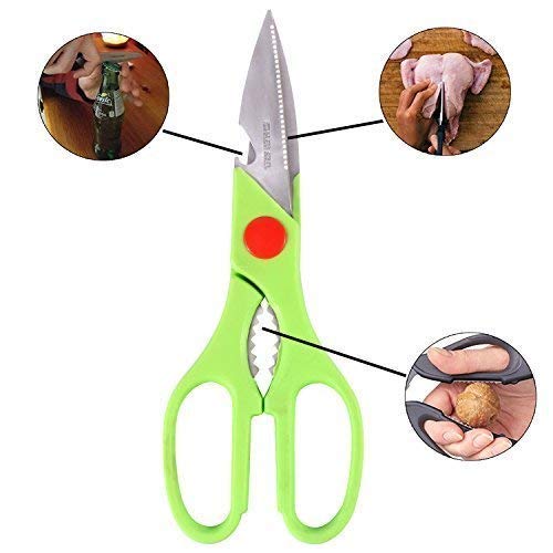 Detailed view of multi-function kitchen scissors used for cutting veggies and opening bottles.