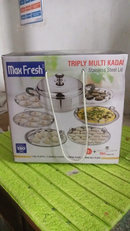 Stainless Steel Triply Multi Kadai idli, dhokla, Patra,  Mini idli plates, kadai with Lid  (8 Pcs Set / Free Glass Transparent Lid)