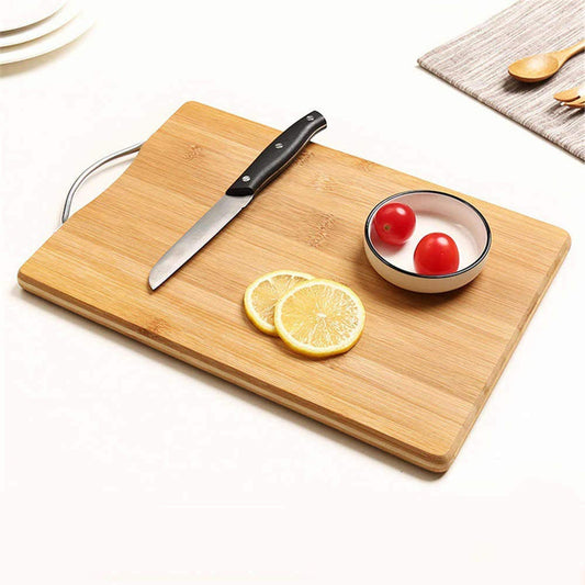 Wooden chopping board with anti-slip mat for safety.