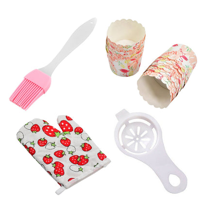 Spatula brush, oven glove, egg yolk separator, and paper cups set.