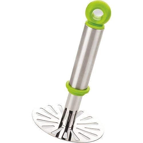 Ganesh potato masher, oval design, silver and plastic with plastic handle.