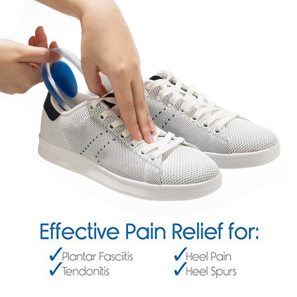 Gel heel pads for shock absorption and pain relief.