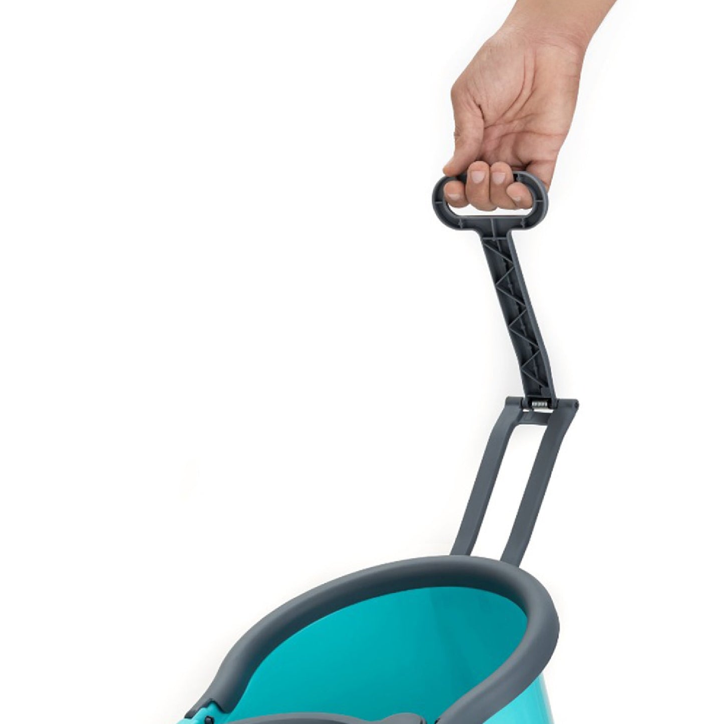 Steel spin mop with large bucket and easy wheels.