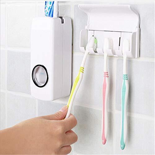 Toothpaste dispenser with toothbrush holder.