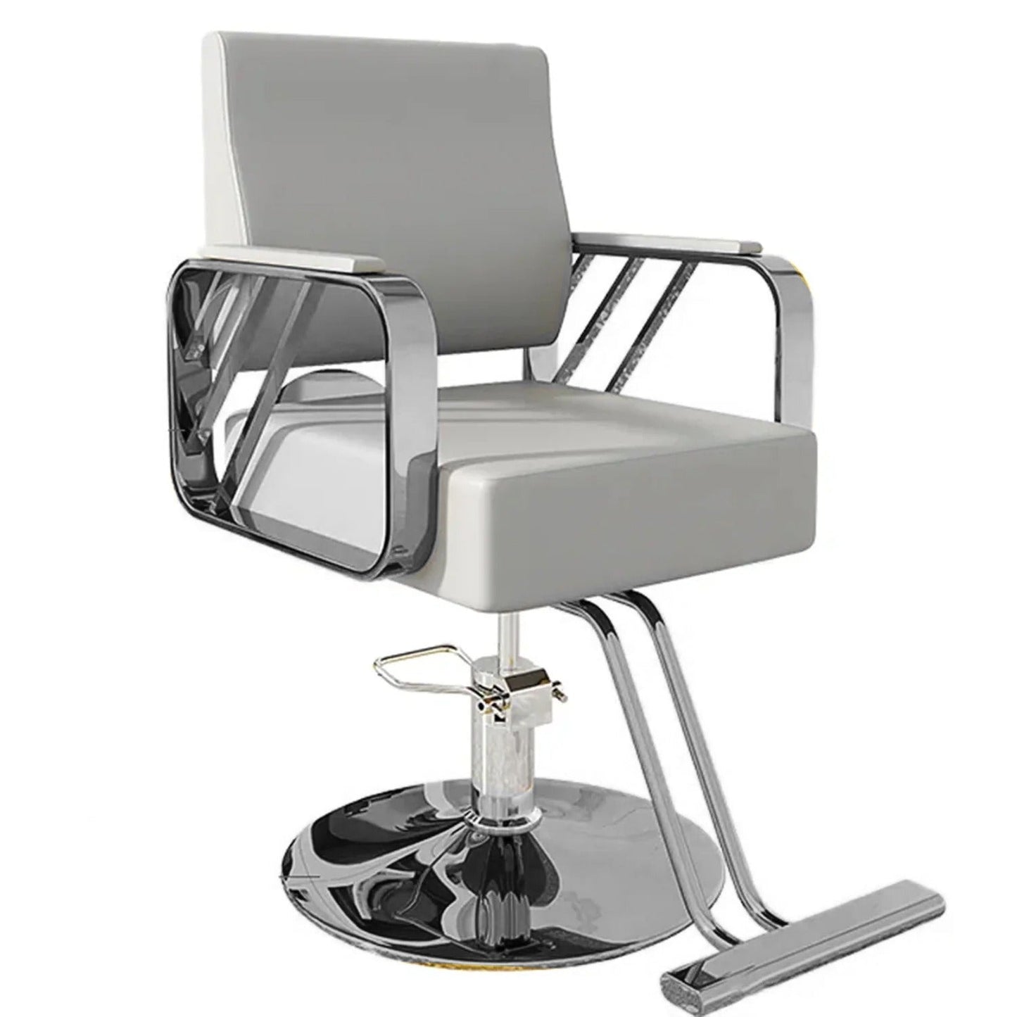 Silver barber chair with hydraulic lift.