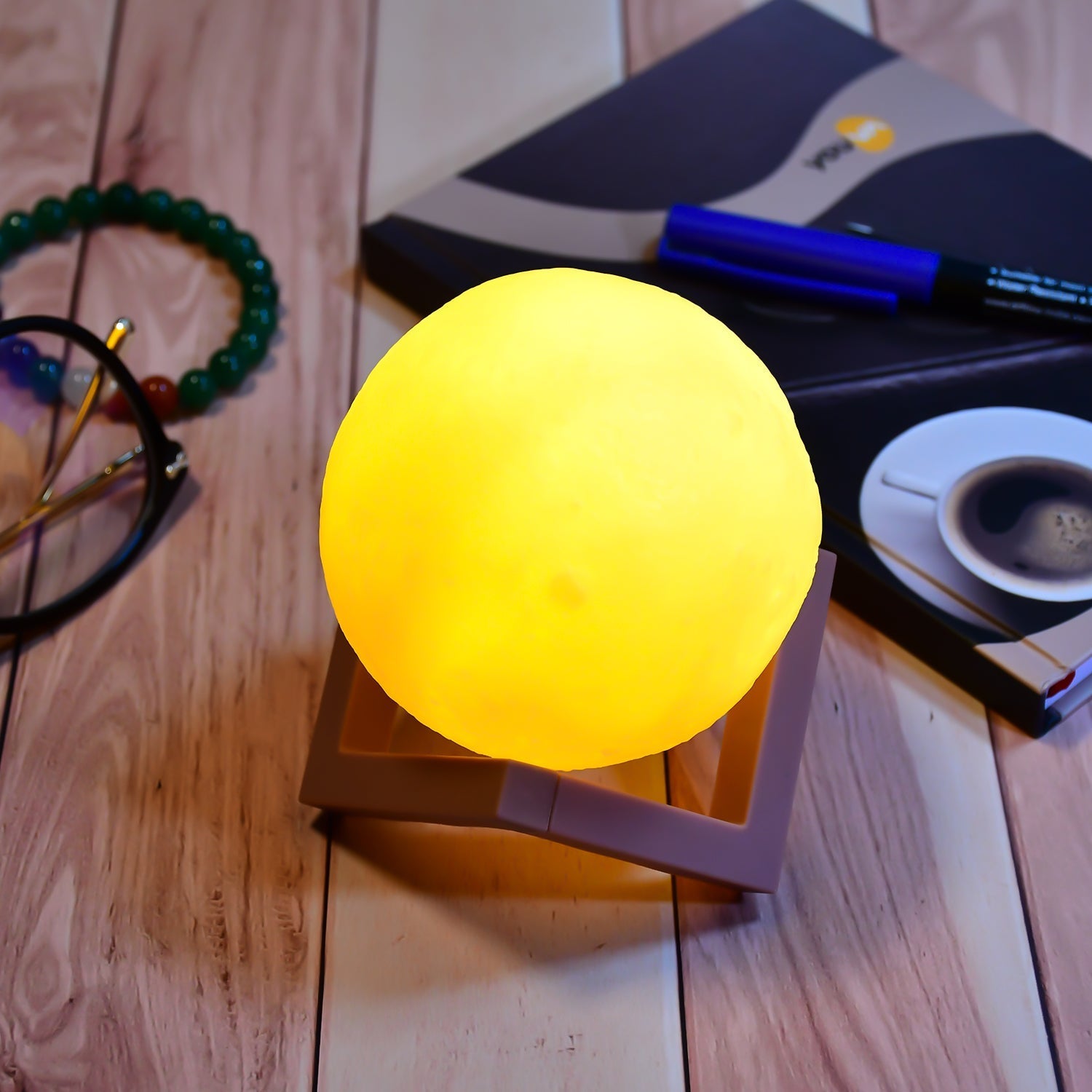 Yellow color changing moon lamp with wooden base