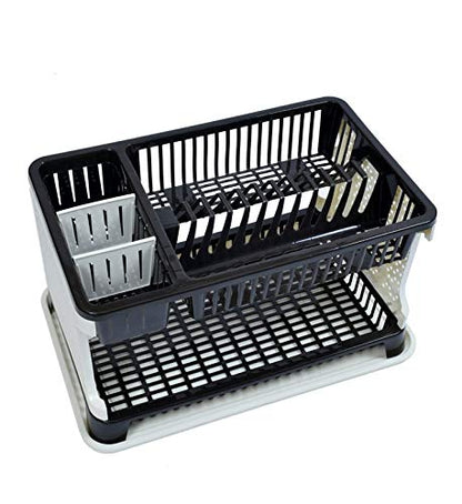 Space-saving dish rack with storage tray.