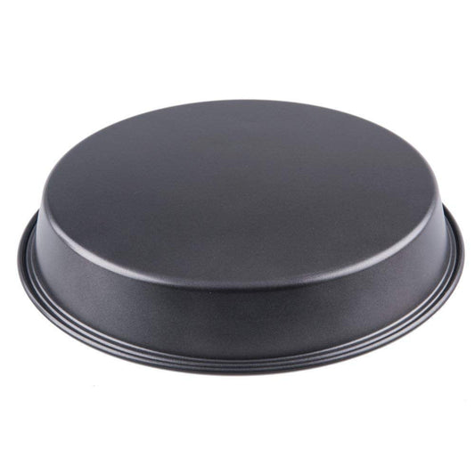 Non-stick round steel baking mould for cakes and pizza.