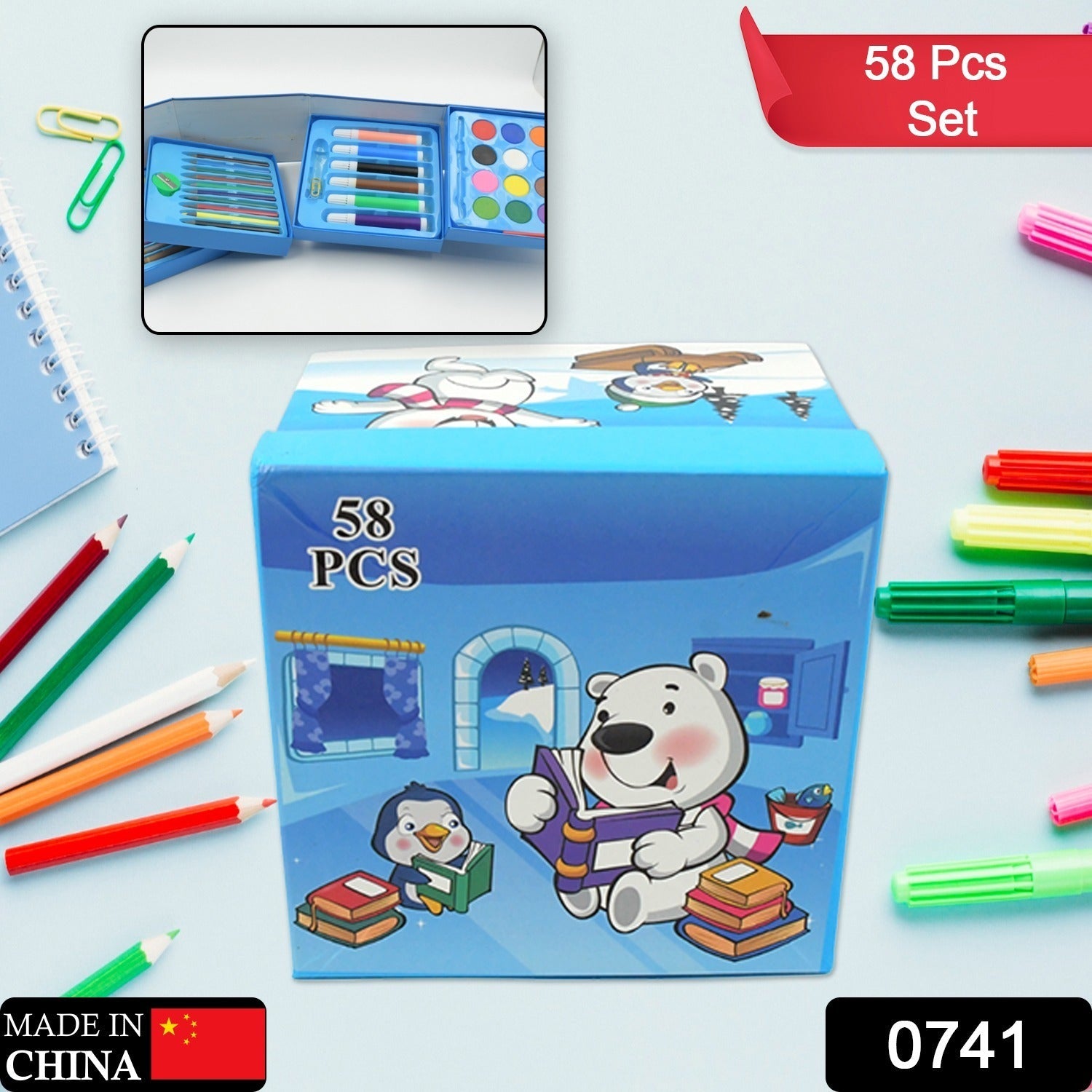 58-piece art set with crayons, color pencils, and watercolor paints.