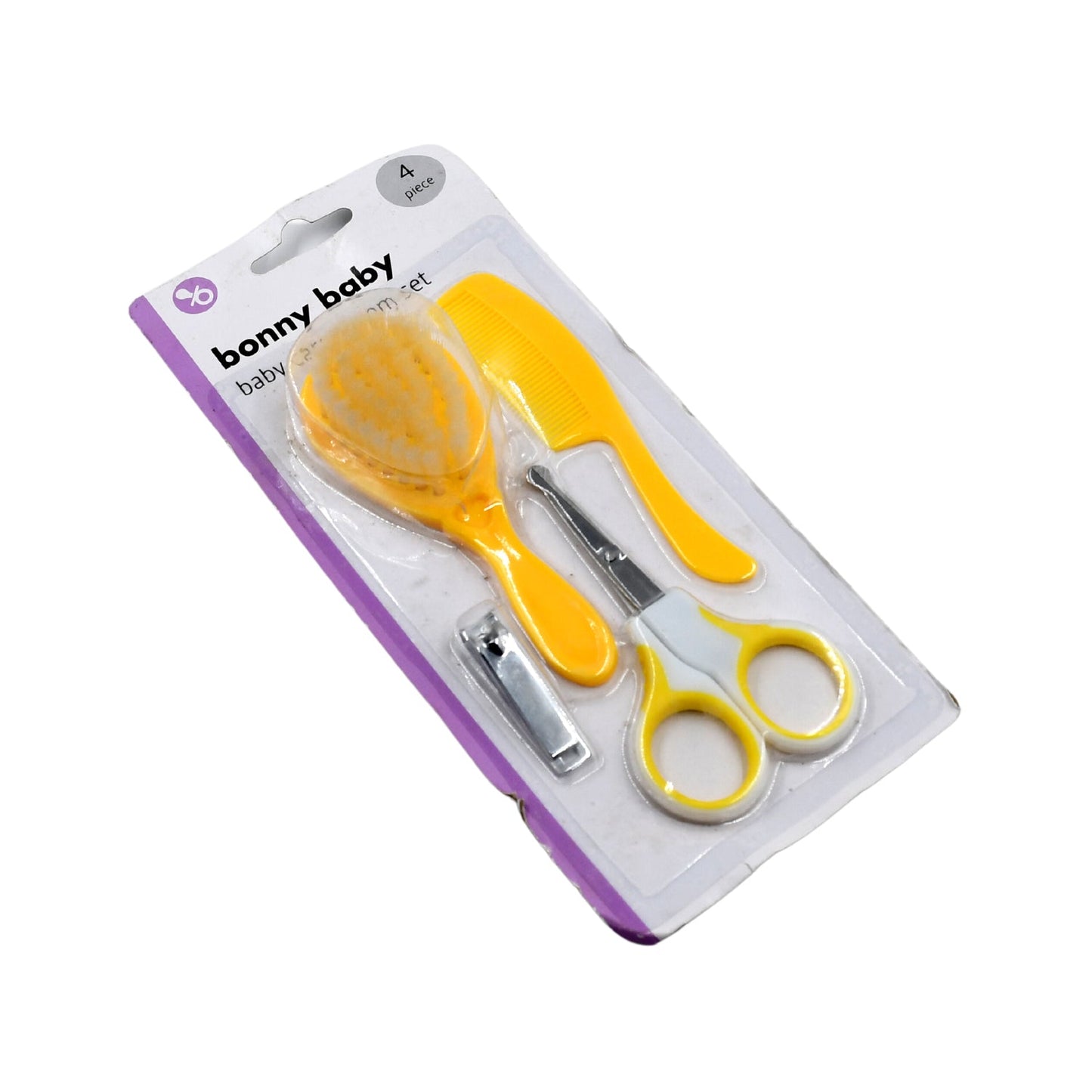 Baby grooming and care set with 4 essential tools: nail clipper, brush, comb, and scissors.