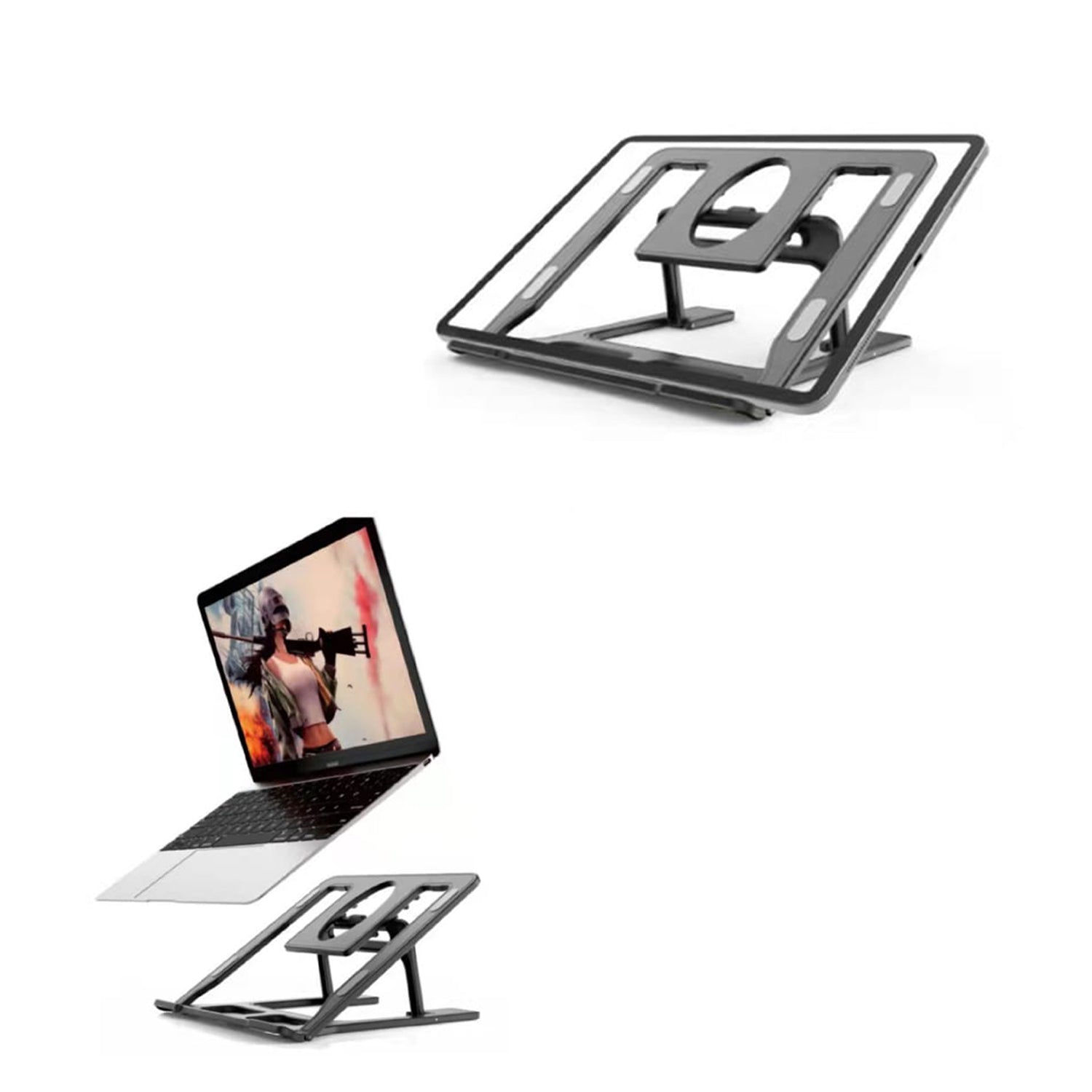 Portable laptop stand with adjustable height and foldable design for convenient use and storage