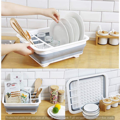 Brown silicone dish rack for drying dishes and utensils.