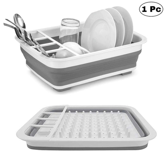 Collapsible silicone dish drying rack with utensil holder.