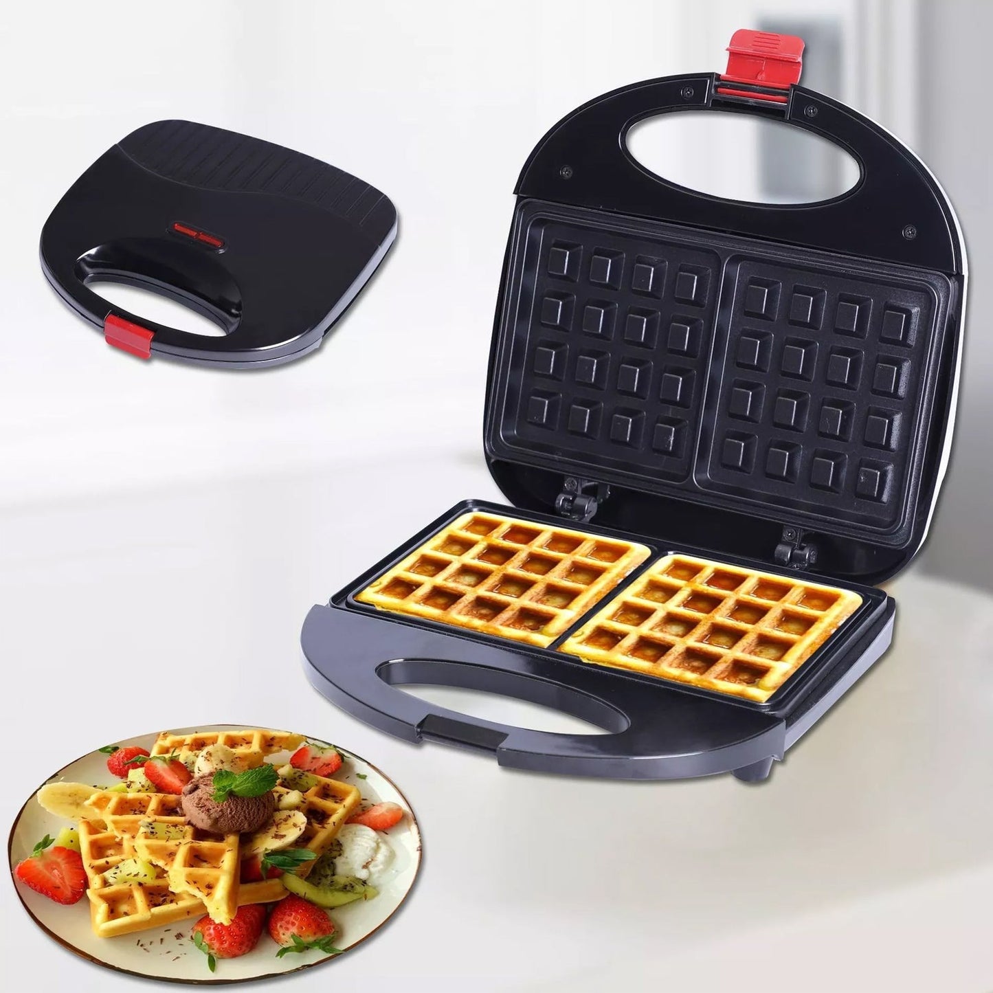 Waffle maker for 2 square waffles with non-stick surface and indicator lights