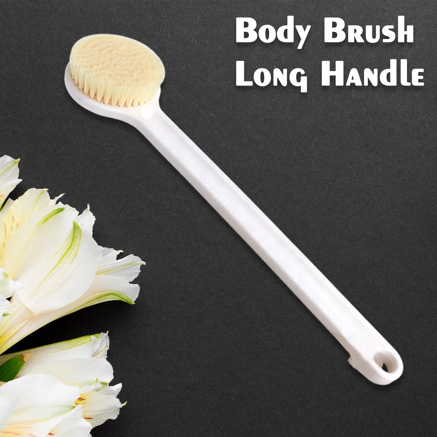 Body brush with long handle, soft bristles for back scrubbing.