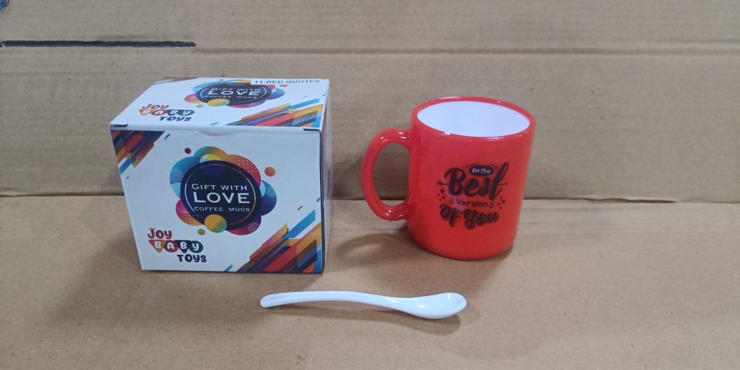 Coffee mug with unique design, includes spoon and box