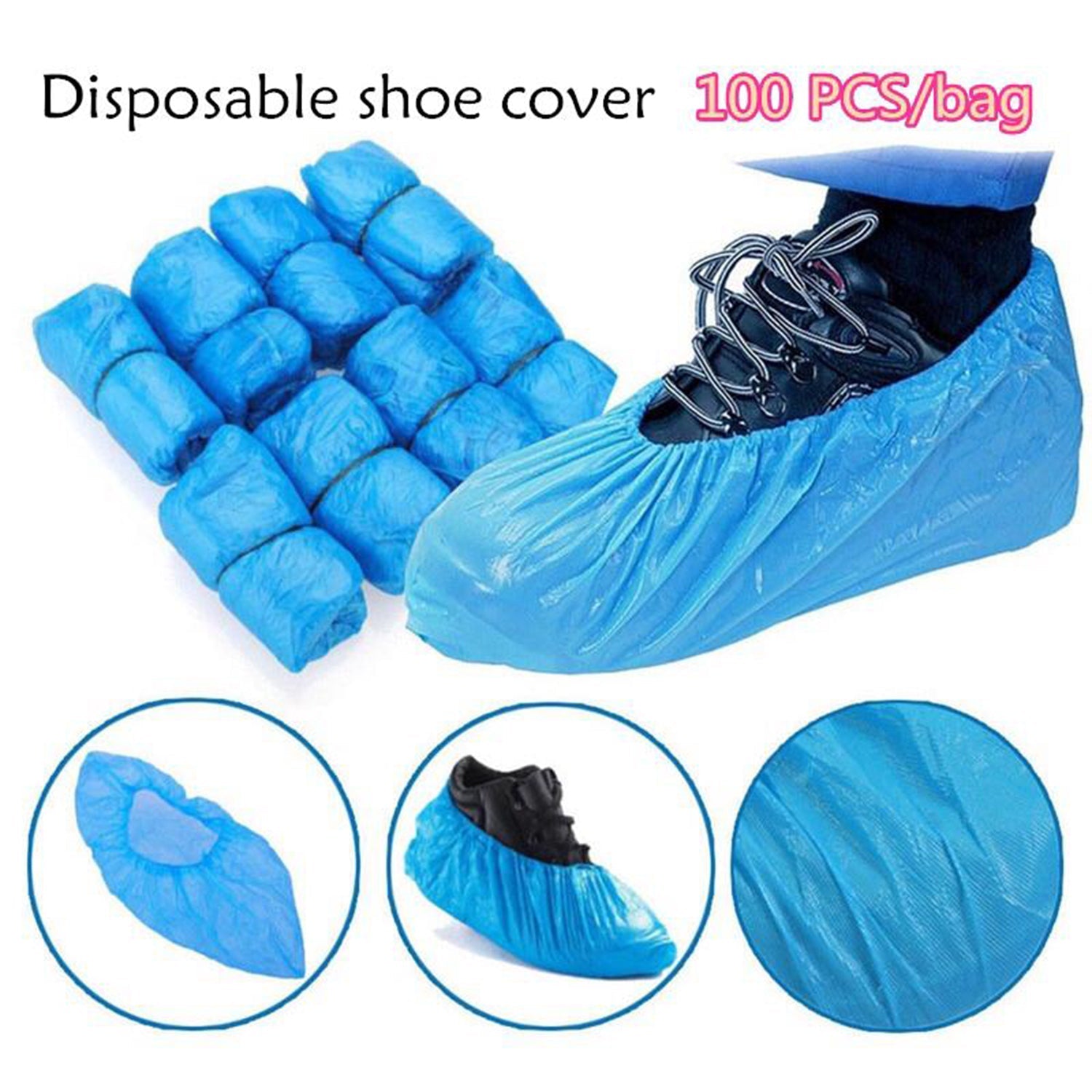 Elastic top disposable shoe covers, ideal for keeping shoes dry in the rain.