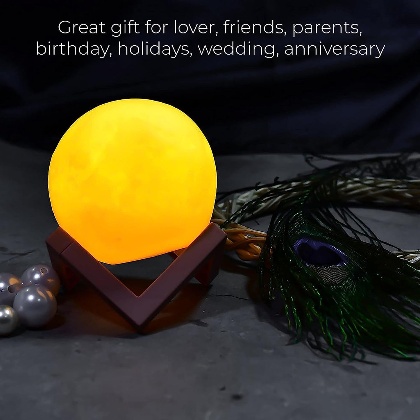 Realistic moon nightlight with wooden stand for soothing ambiance.